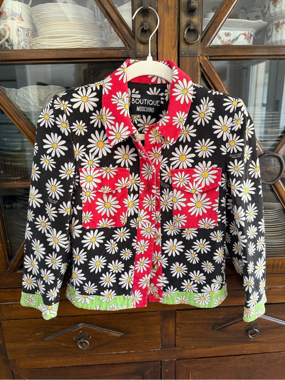 Moschino Black Daisy-Print Jean Jacket with Red Trim